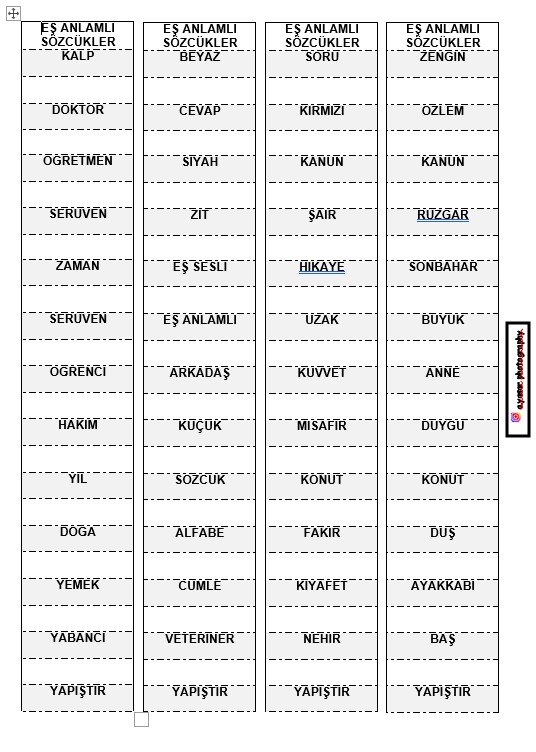 Eş Anlamlı Kelimeler Merdiveni - Defter Çalışması