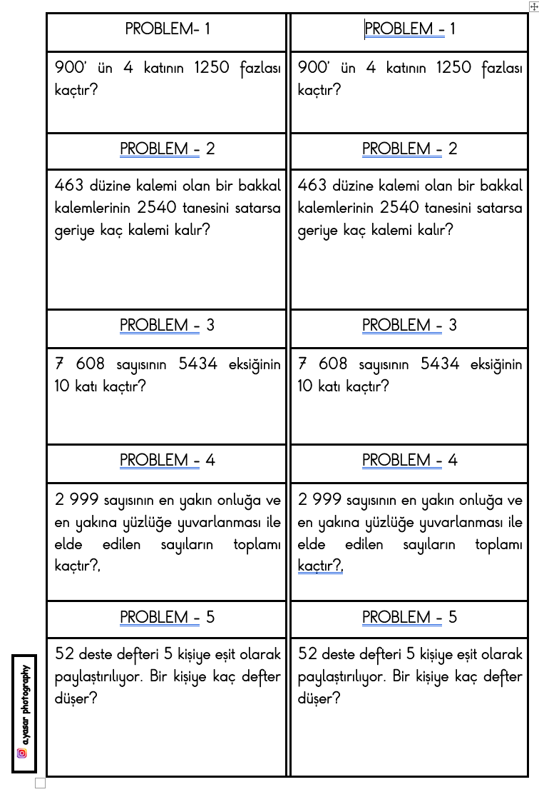 4.SINIF MATEMATİK DOĞAL SAYILAR - 4 İŞLEM PROBLEMLERİ DEFTER ÇALIŞMASI