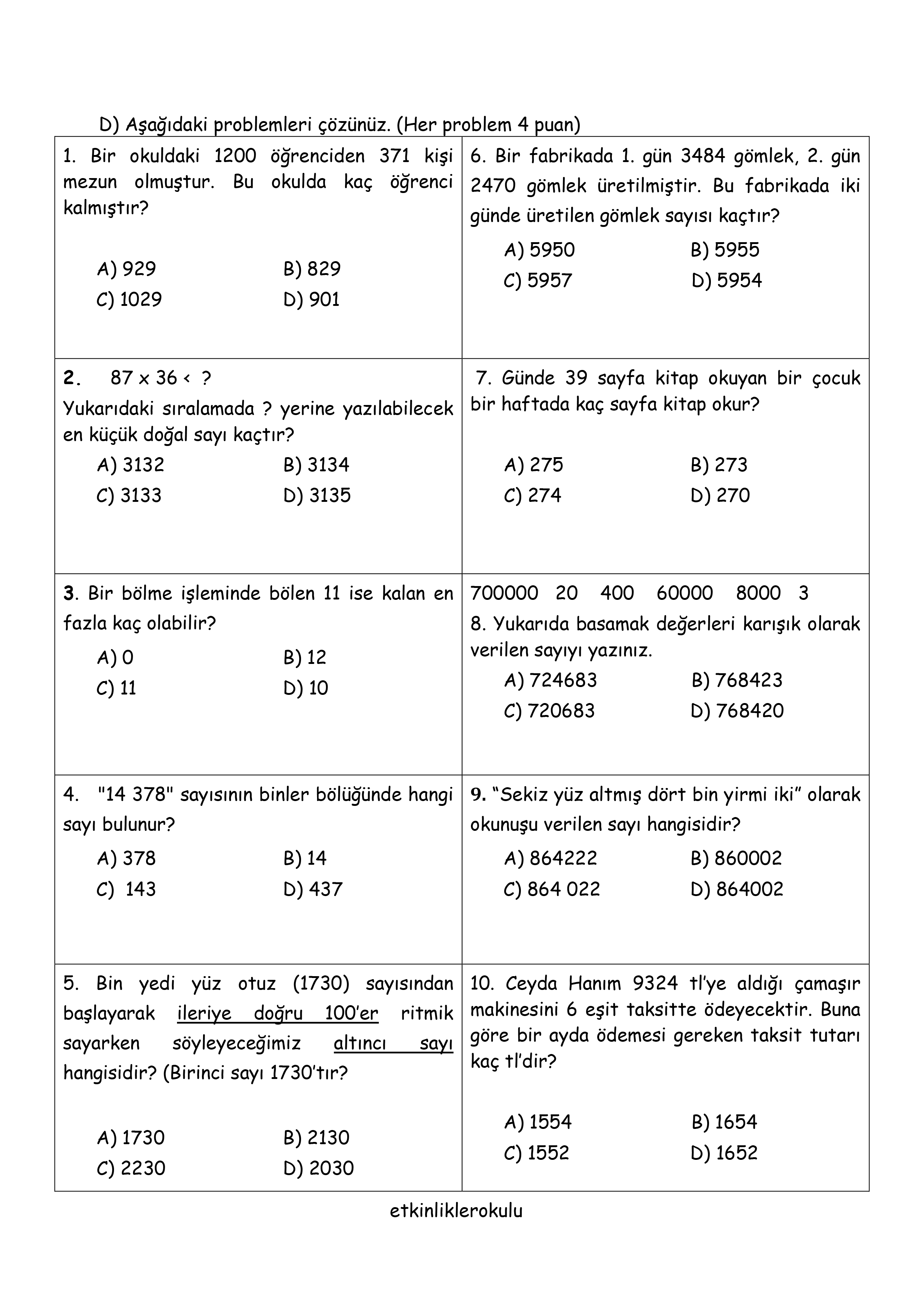 4. Sınıf Matematik 1. Dönem 2. Yazılı