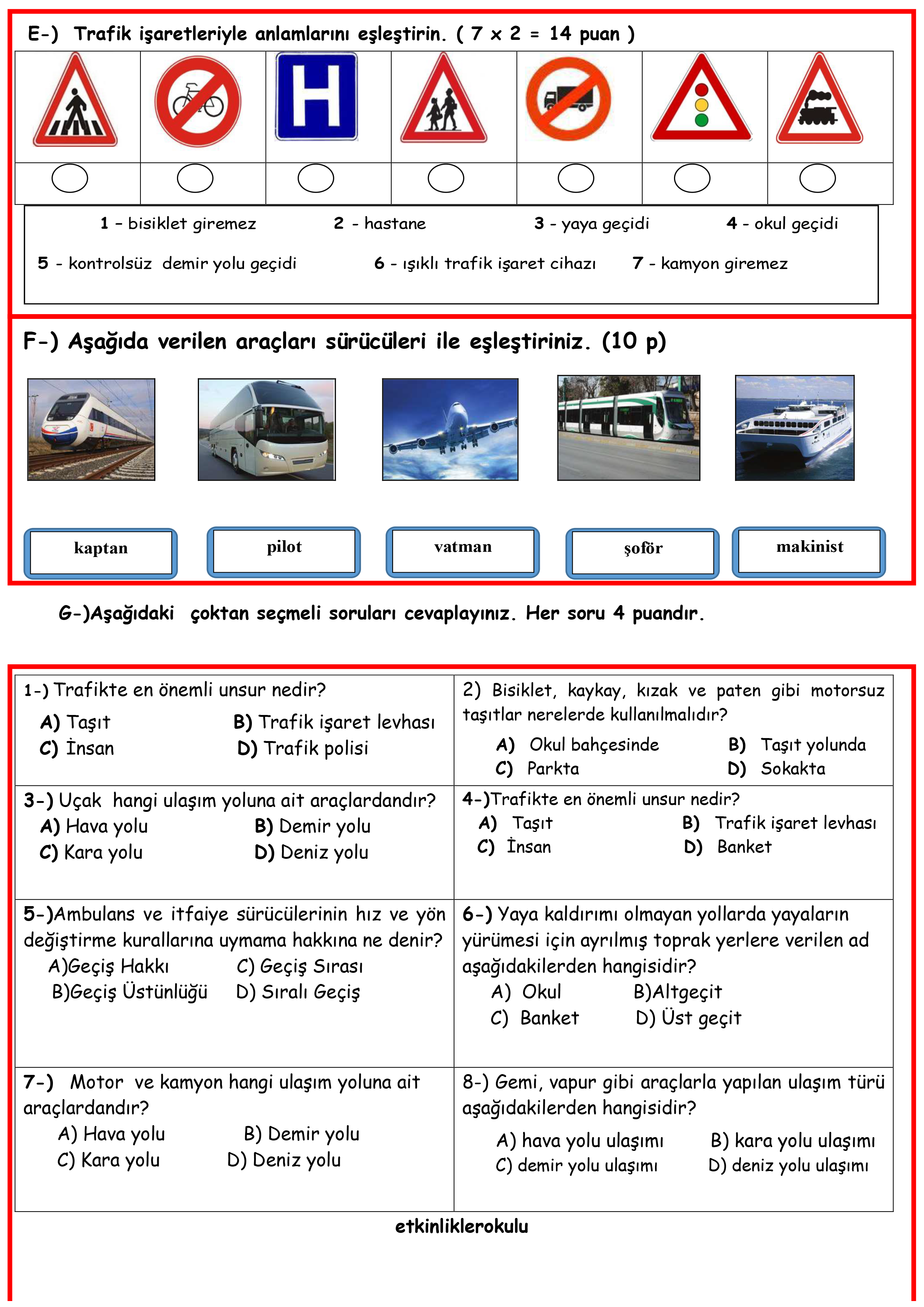 4. Sınıf 1. Dönem 2. Trafik Yazılı Sınavı