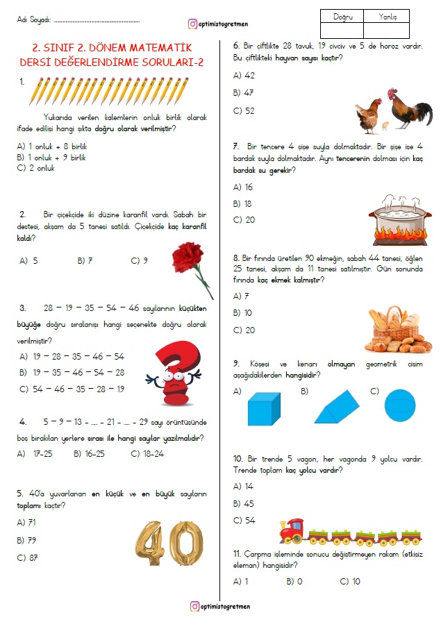 2. Sınıf Matematik 2. Dönem 2. Değerlendirme Sınavı (20 Soru)