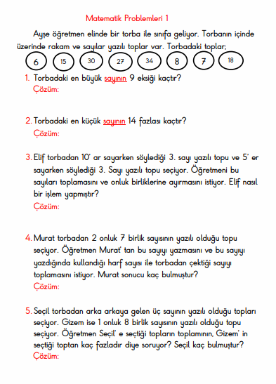 1. SINIF TELAFİ MATEMATİK PROBLEMLERİ