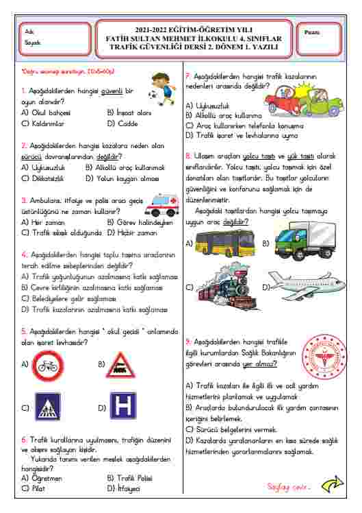 4. Sınıf Trafik Güvenliği 2. Dönem 1. Yazılı Soruları (Word)