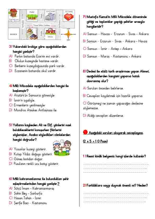 4.Sınıf Sosyal Bilgiler Dersi 1.Dönem 2.Yazılı Yoklama