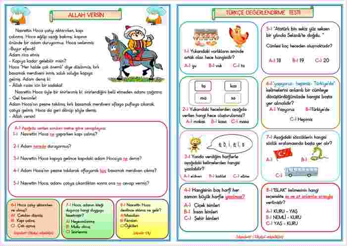 1.SINIF ALLAH VERSİN TÜRKÇE DEĞERLENDİRME ÇALIŞMASI  10