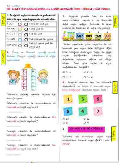 4. Sınıf Matematik Dersi 1. Dönem 1. Yazılı