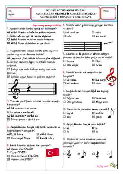 4. Sınıf Müzik Dersi 2. Dönem 2. Yazılı (word)