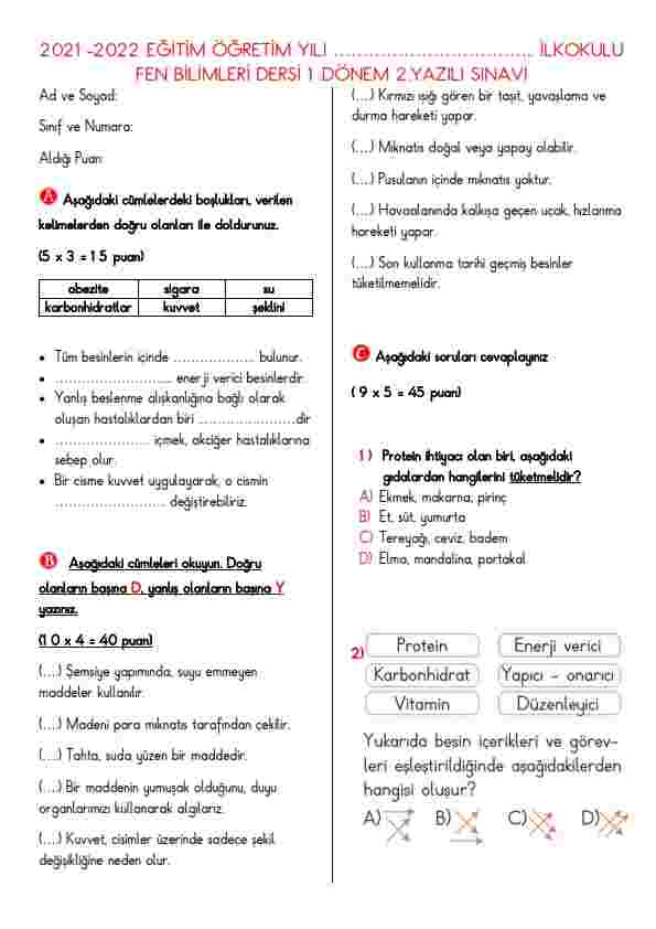 4.Sınıf Fen Bilimleri Dersi 1.dönem 2.yazılı sınav