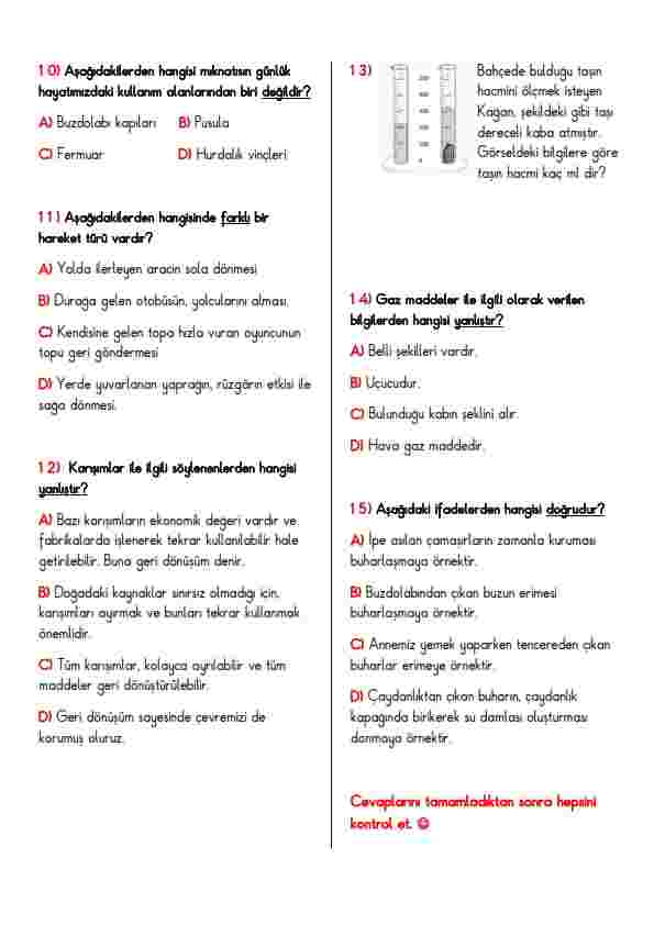 4. Sınıf Fen Bilimleri 2. Dönem 1. Yazılı Yoklama