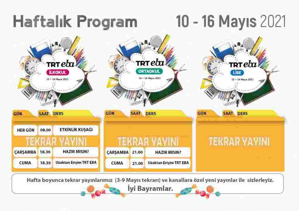 TRT EBA TV Uzaktan Eğitim Yayın Programı (10-16 Mayıs 2021)