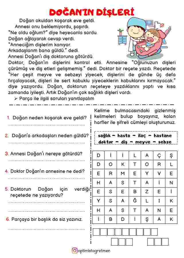 2. Sınıf Türkçe Doğan'ın Dişleri Metni Okuma Anlama Çalışma Kağıdı