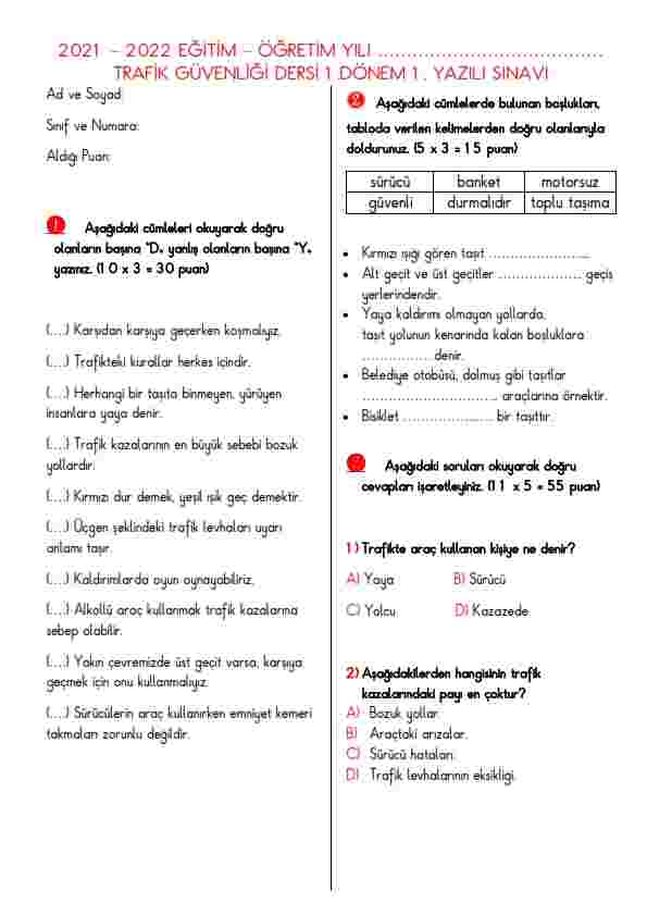 4.Sınıf Trafik Güvenliği Dersi 1.Dönem 1.Yazılı Yoklama