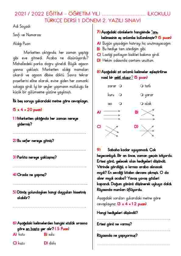 4.Sınıf Türkçe Dersi 1.Dönem 2.Yazılı Yoklama