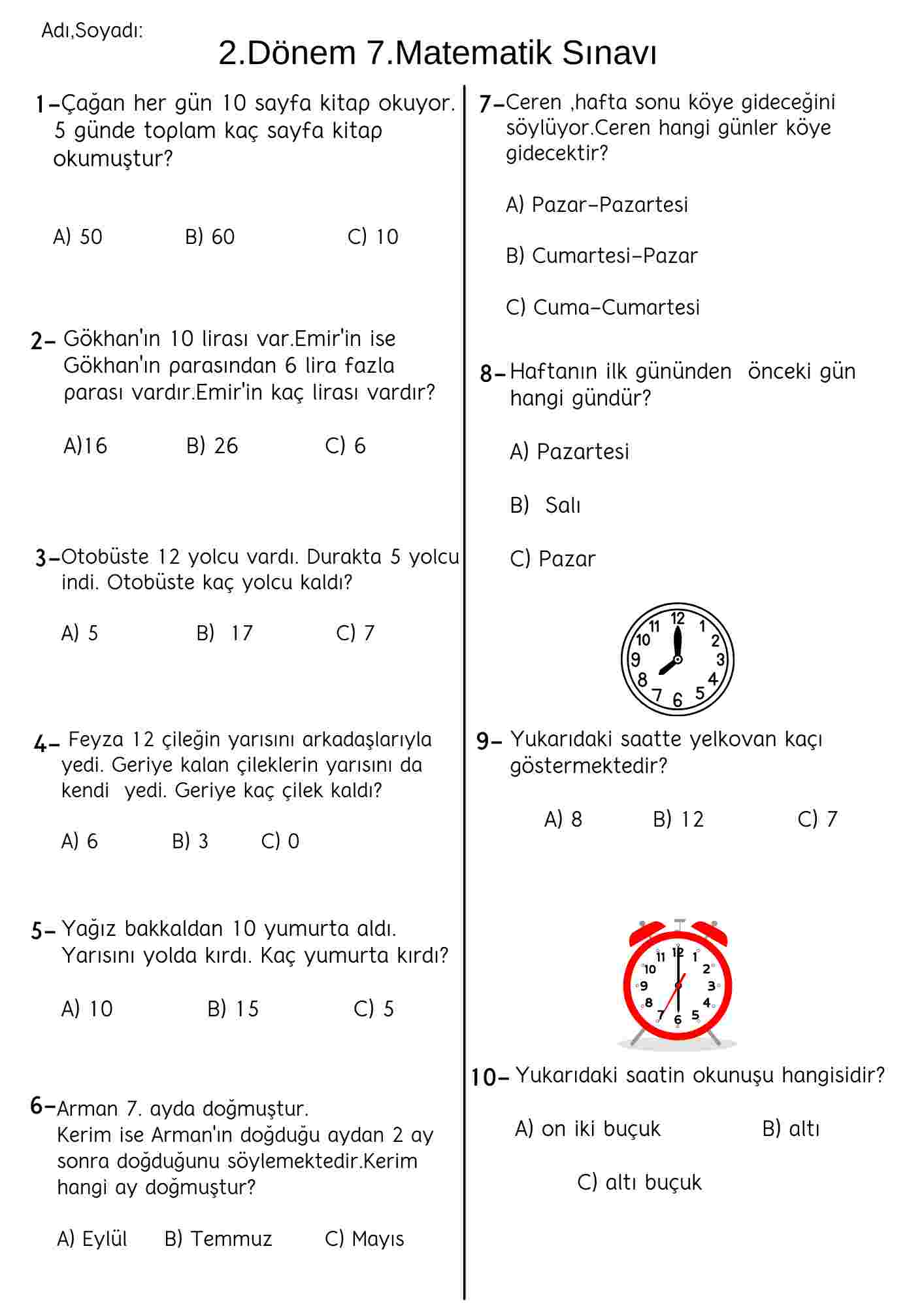 2.Dönem 7.Matematik sınavı