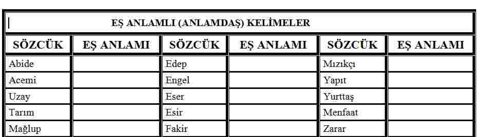 EŞ ANLAMLI KELİMELER SINAVI