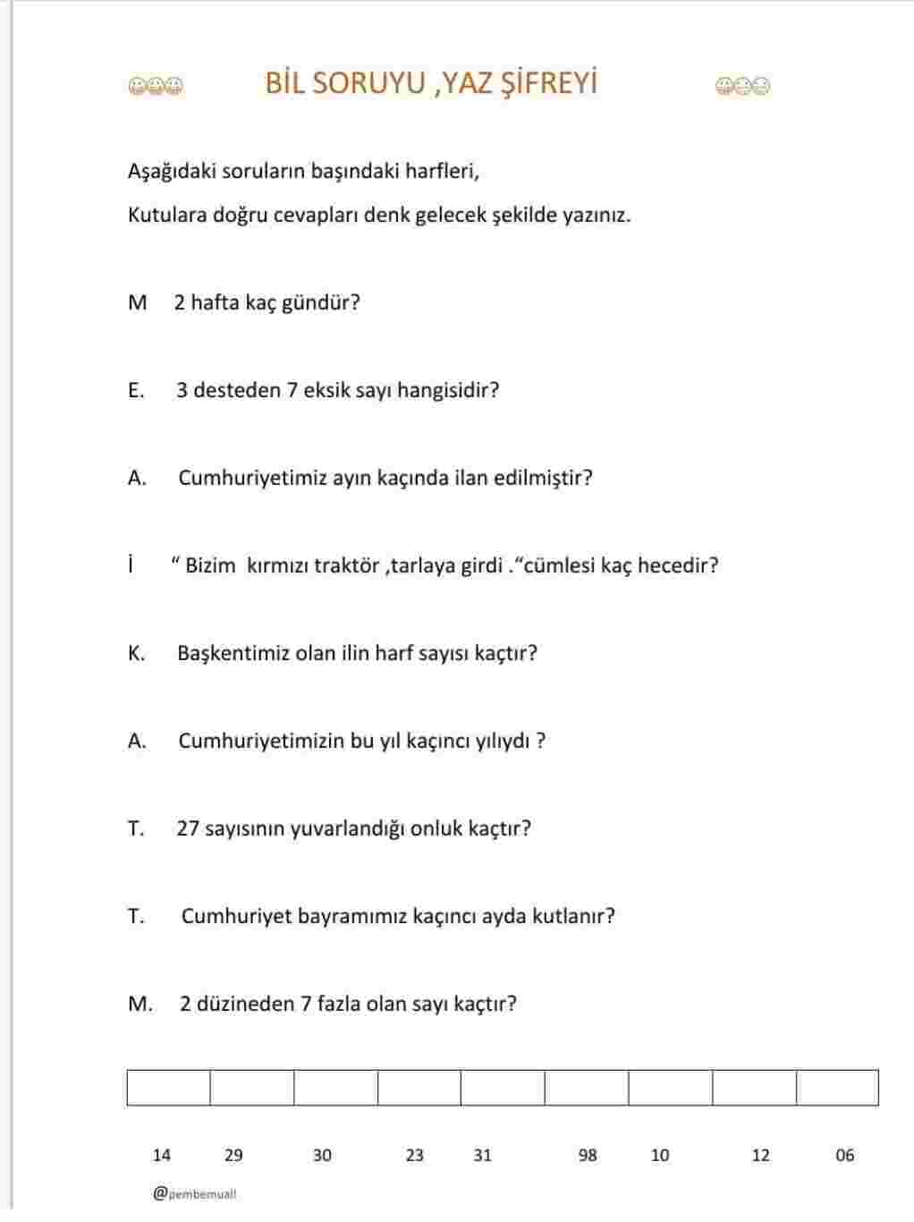 İkinci Sinıf her dersin kazanımlarını içeren ortak  Mini Degerlendirme