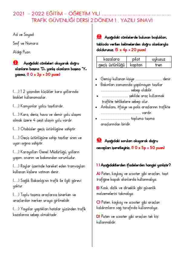 4.Sınıf Trafik Güvenliği Dersi 2.Dönem 1.Yazılı Yoklama
