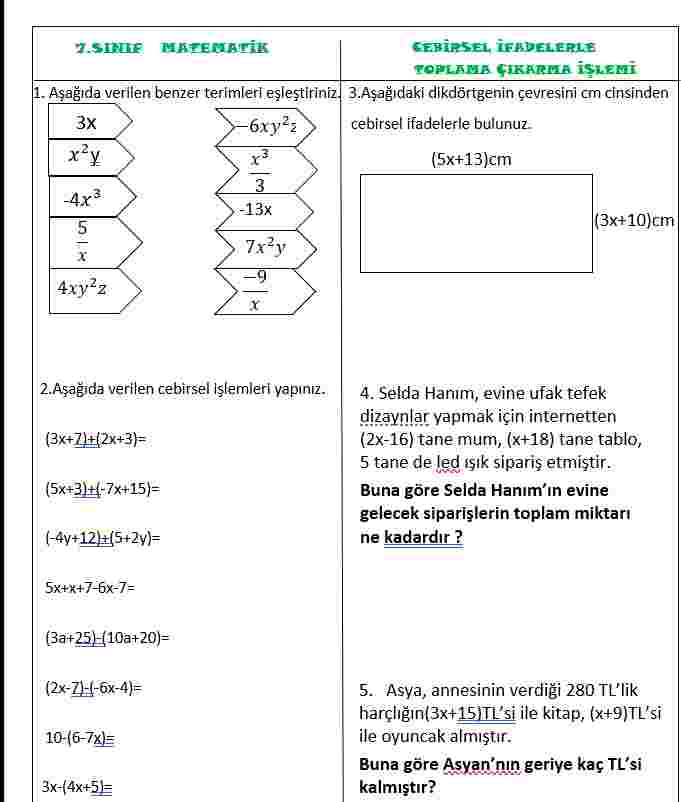 7.SINIF CEBİRSEL İFADELER