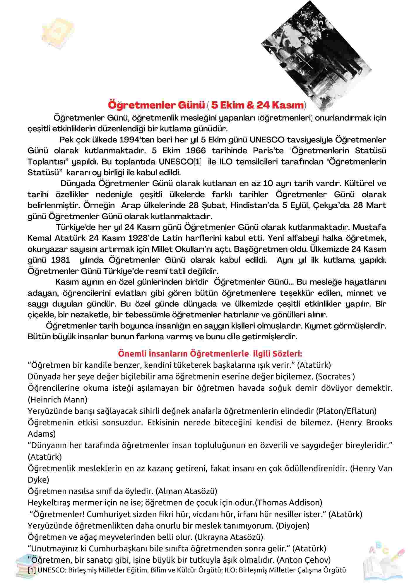 Öğretmenler Günü-Bilgi ve  Sözler