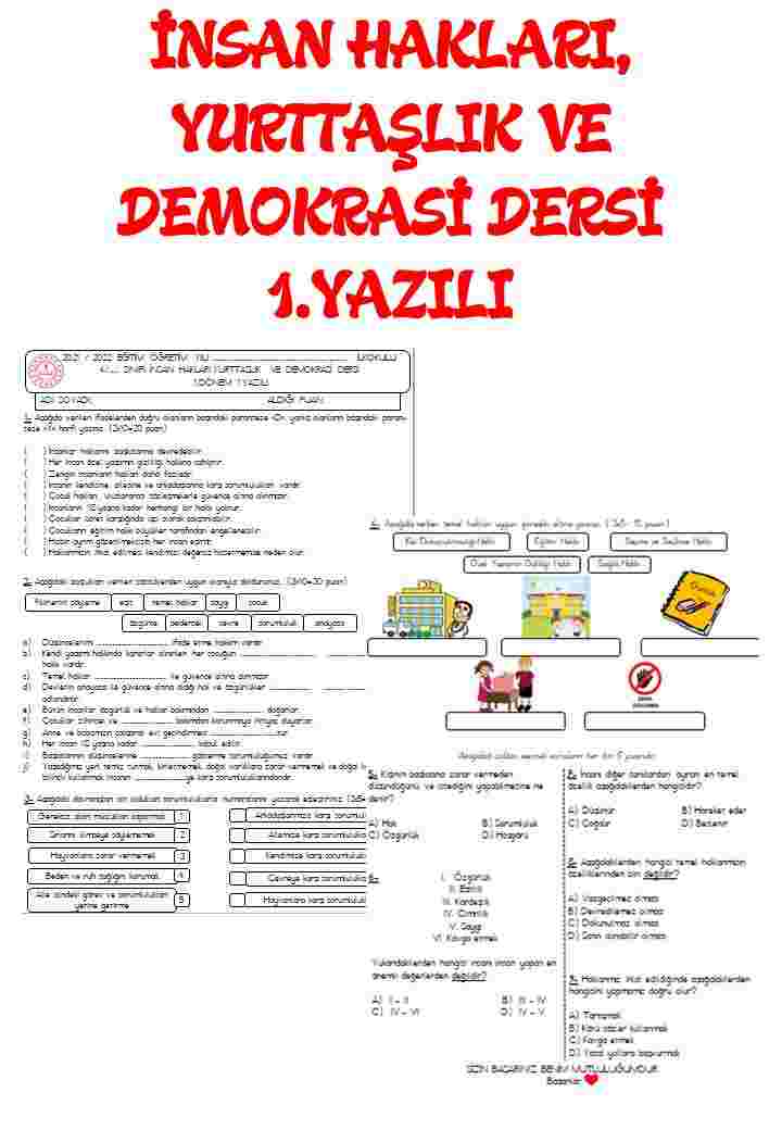 İnsan Hakları,Yurttaşlık ve Demokrasi Dersi 1. Yazılısı/ Sınavı