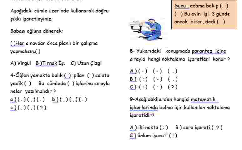 3.SINIF  TÜRKÇE NOKTALAMA İŞARETLERİ 40 SORULUK TEST