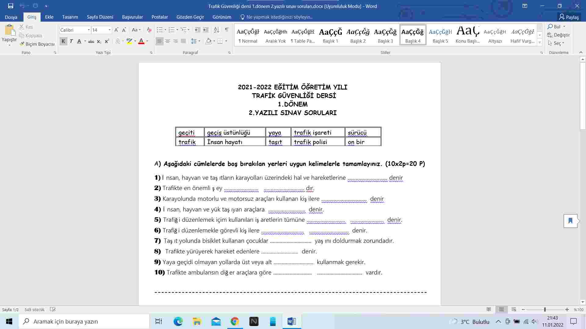 4. SINIF TRAFİK SINAVI