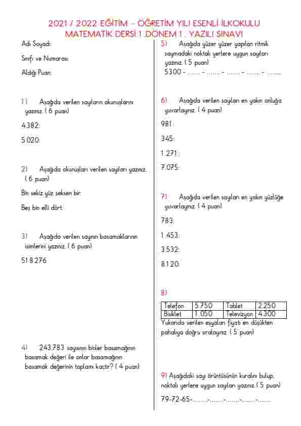 4.Sınıf Matematik Dersi 1.Dönem 1.Yazılı Yoklama