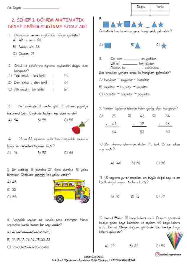 2. Sınıf Matematik Kazanım Değerlendirme Sınavı - 1