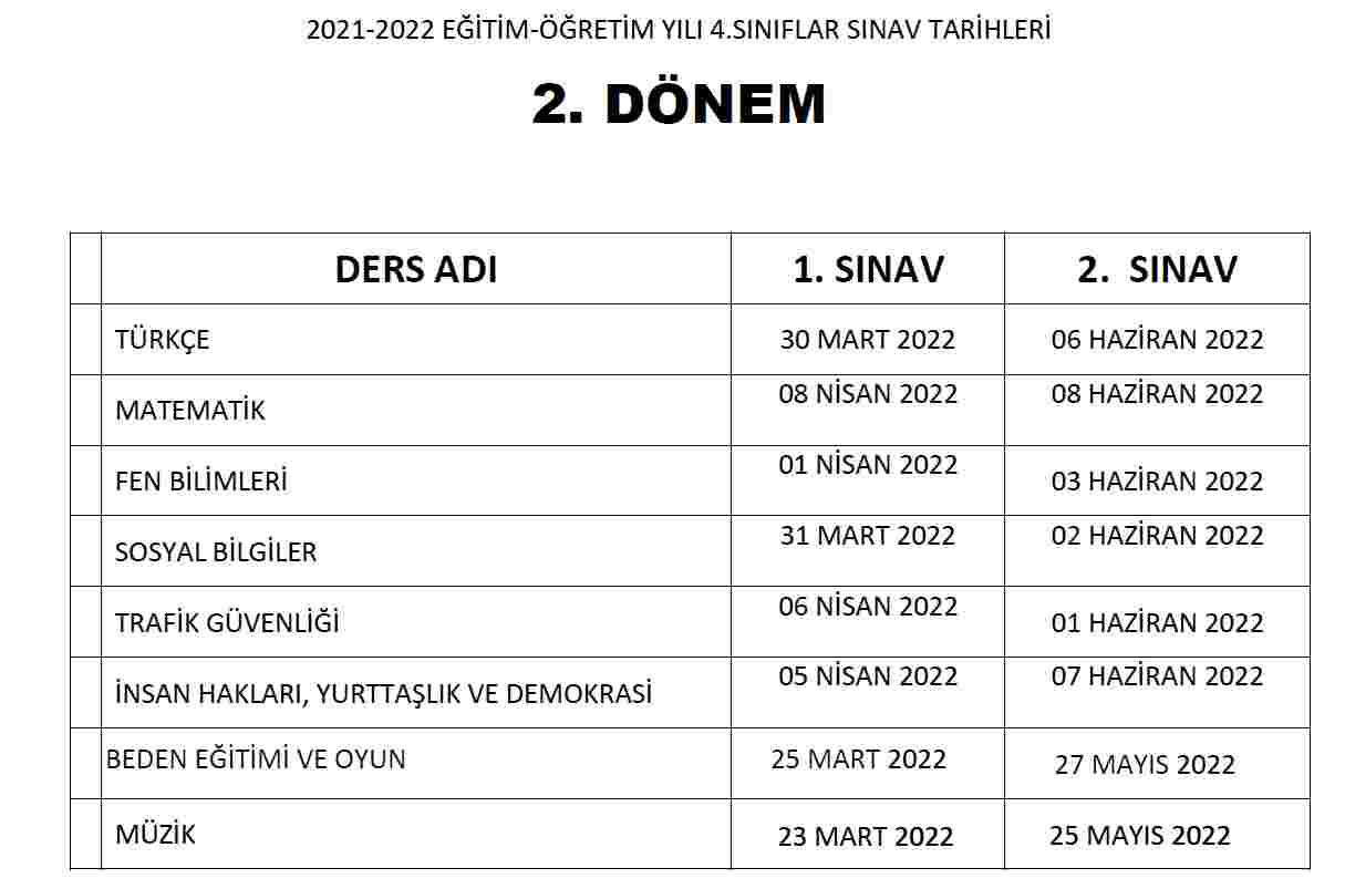 2. DÖNEM SINAV TARİHLERİ