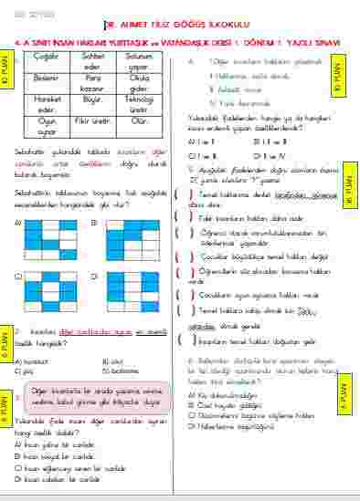 4. Sınıf İnsan Hakları Dersi 1. Dönem 1. Yazılı Sınavı