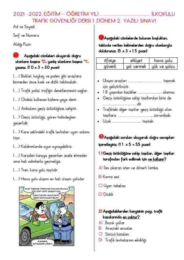 4.Sınıf Trafik Güvenliği Dersi 1.Dönem 2.Yazılı Yoklama