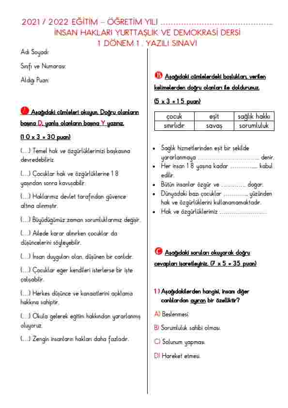 İnsan Hakları Dersi 1.Dönem 1.Yazılı Yoklama
