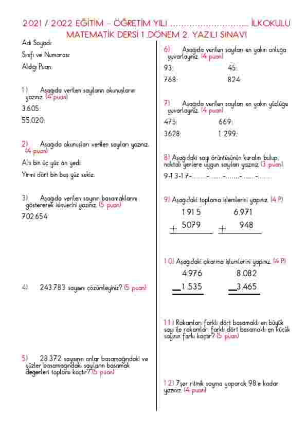 4.Sınıf Matematik Dersi 1.Dönem 2.Yazılı Yoklama