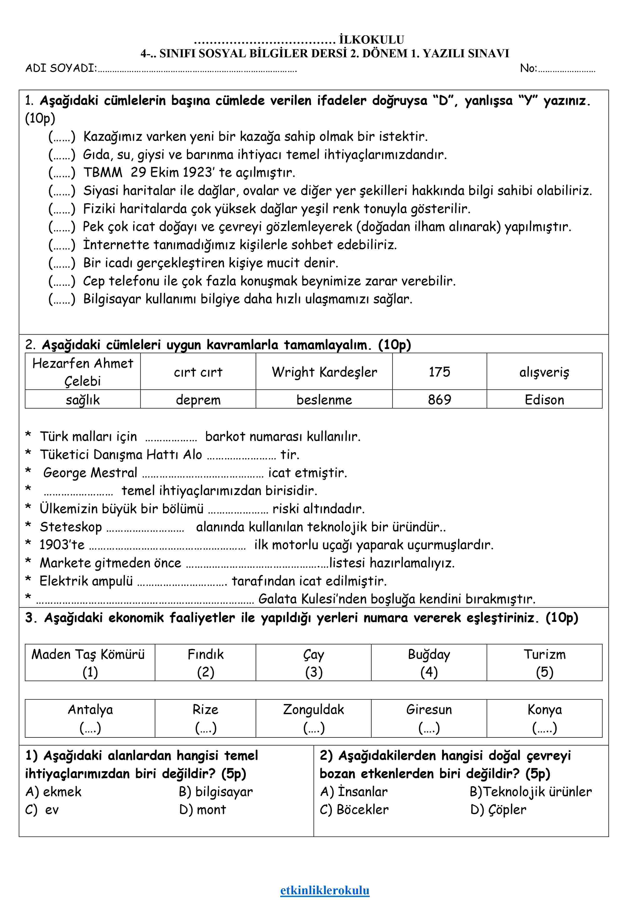 Sosyal Bilgiler 2. Dönem 1. Yazılı