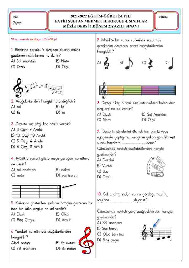 4. Sınıf Müzik Dersi 1. Dönem 2. Yazılı